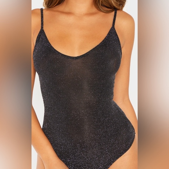 Pretty Little Thing Black Textured Shimmer Strappy Body Suit - Picture 1 of 4